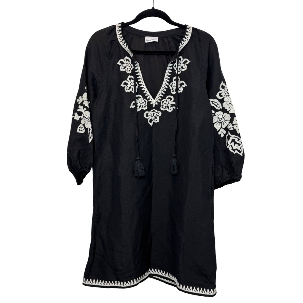 Tommy Bahama Womens Black Embroidered Linen Tunic Dress Tassel Split Neck S